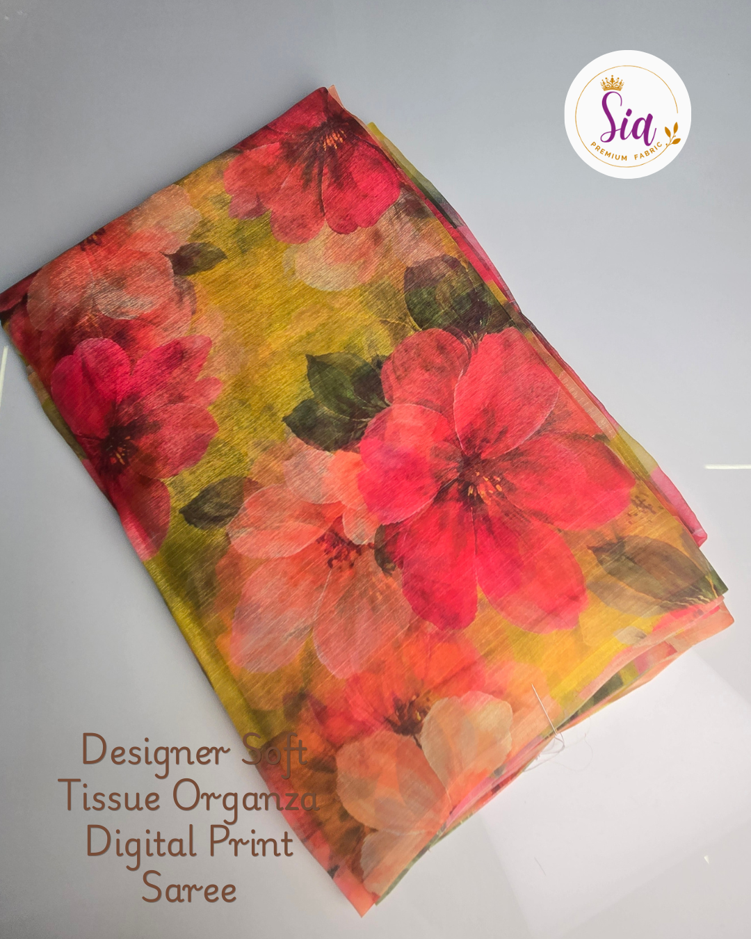 Yellow Pink Floral- Sia Designer Soft Tissue Organza Digital Print Saree