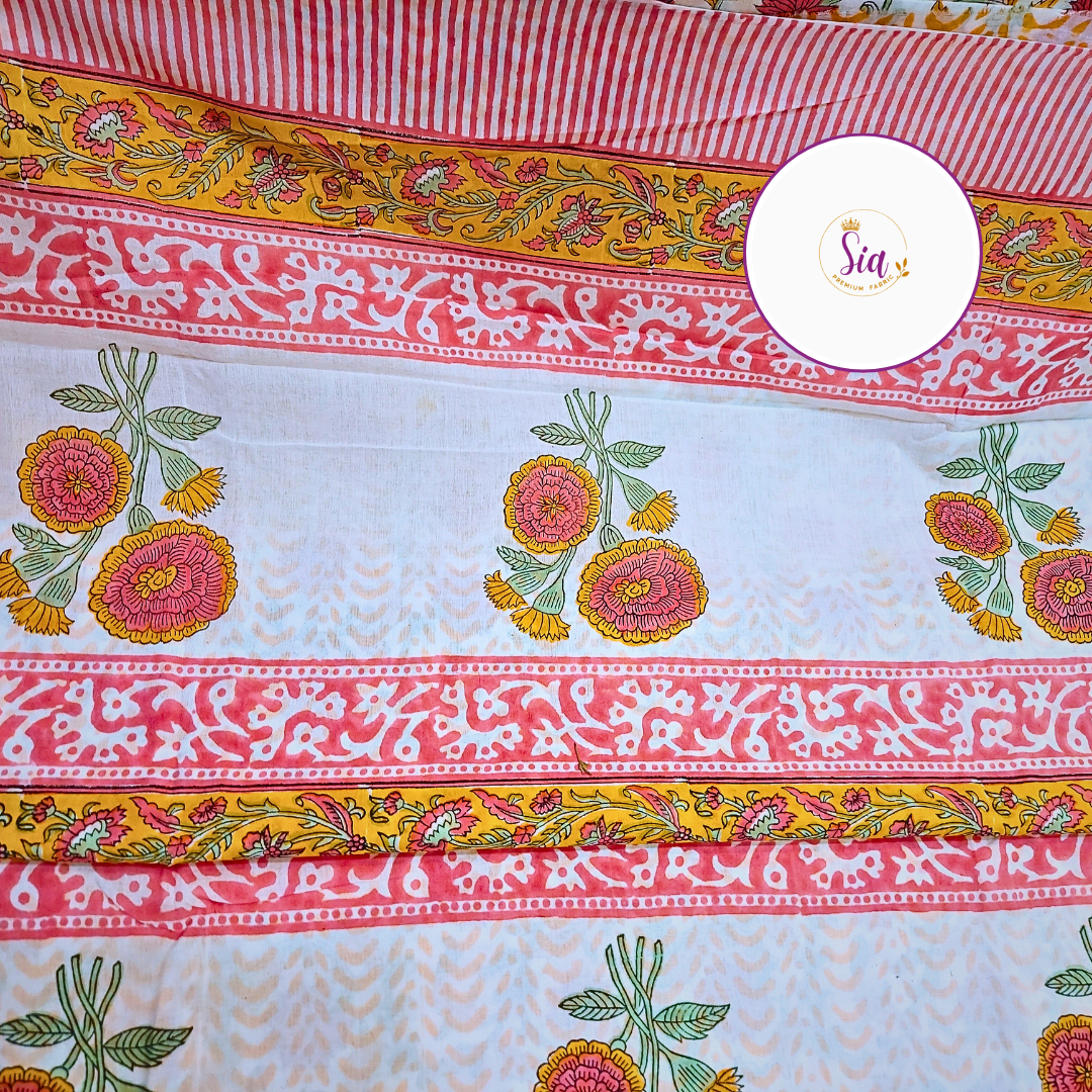 Radiant combination of deep red blooms and mustard vines, hand block-printed on airy mul-mul cotton, is a celebration of timeless craft - Sia Premium Fabric