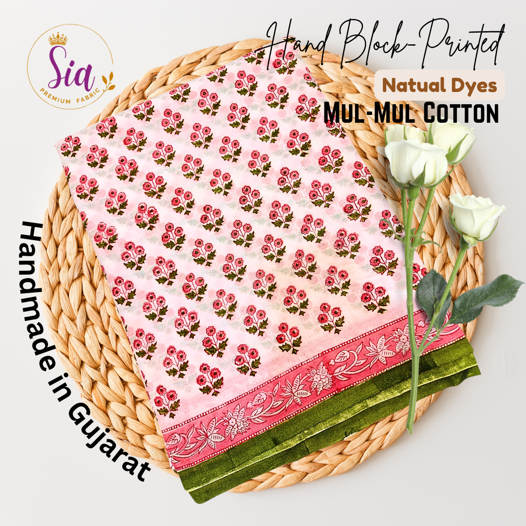 Floral motif pink saree is handblock printed on the softest mul-mul cotton, dyed naturally and handmade with love in Gujarat. π - Sia Premium Fabric