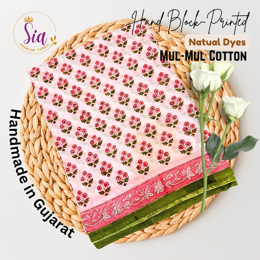 Floral motif pink saree is handblock printed on the softest mul-mul cotton, dyed naturally and handmade with love in Gujarat. 💕 - Sia Premium Fabric