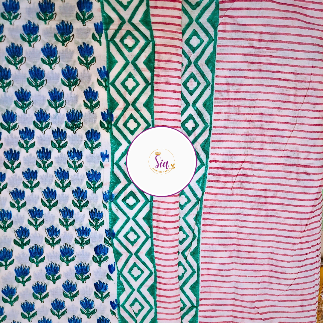 Hand block-printed beauty features delicate indigo flowers and emerald green geometric borders on the softest mul-mul cotton — dyed using natural colors and handmade with devotion in Gujarat. - Sia Premium Fabric