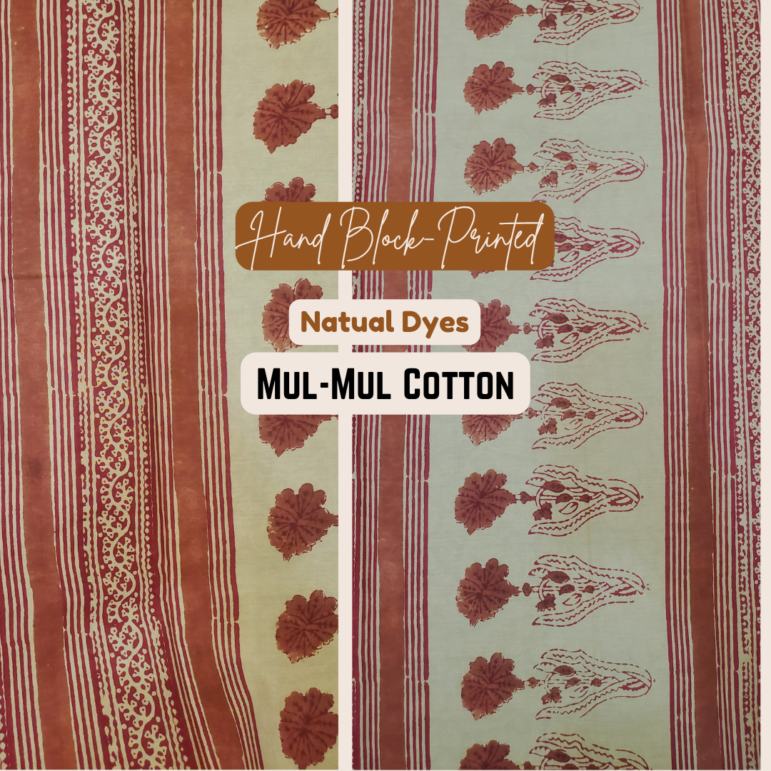 Deep red, adorned with intricate floral block prints