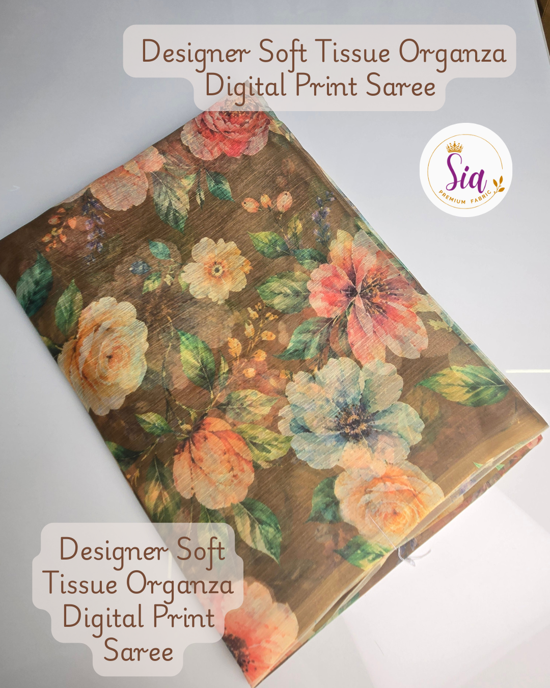 Rustic Brown Floral- Sia Designer Soft Tissue Organza Digital Print Saree