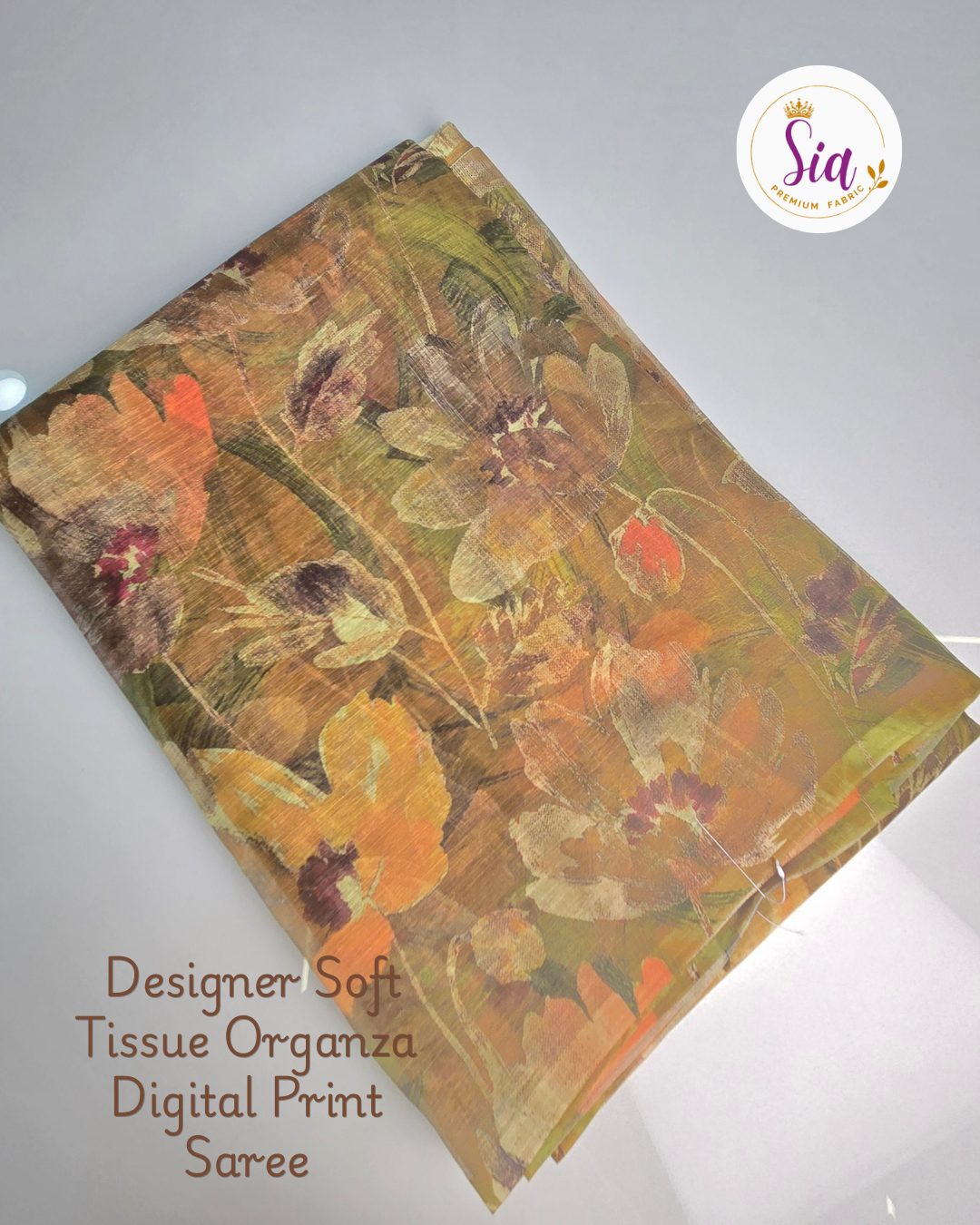 Sea Sand Brown Floral- Sia Designer Soft Tissue Organza Digital Print Saree