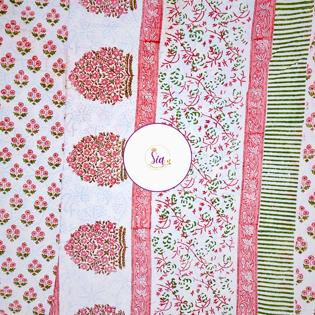 Floral motif pink saree is handblock printed on the softest mul-mul cotton, dyed naturally and handmade with love in Gujarat. π - Sia Premium Fabric