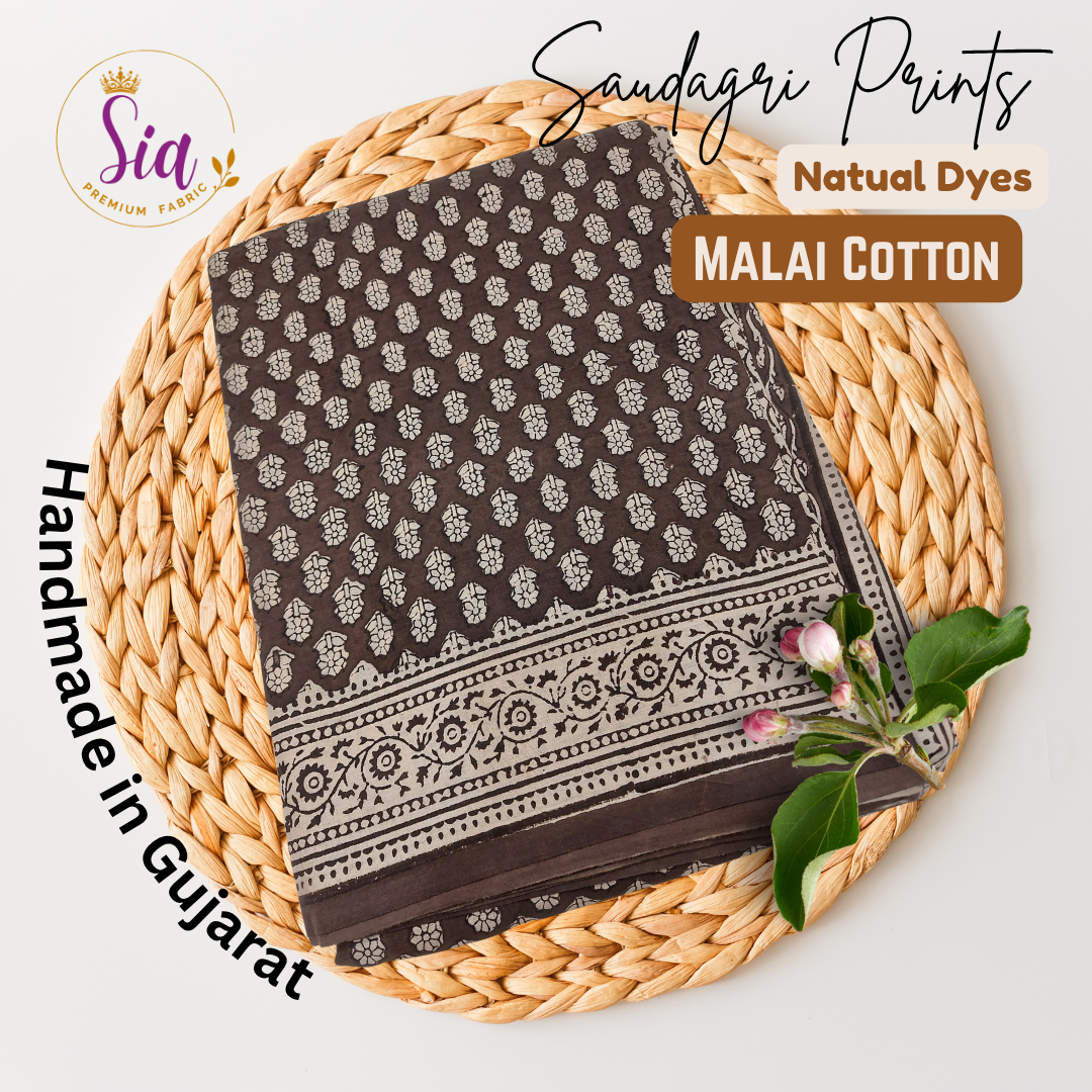 Saudagri Block Print MALAI Cotton Saree, Blend of Coffee and Dark Grey color, natural dye.