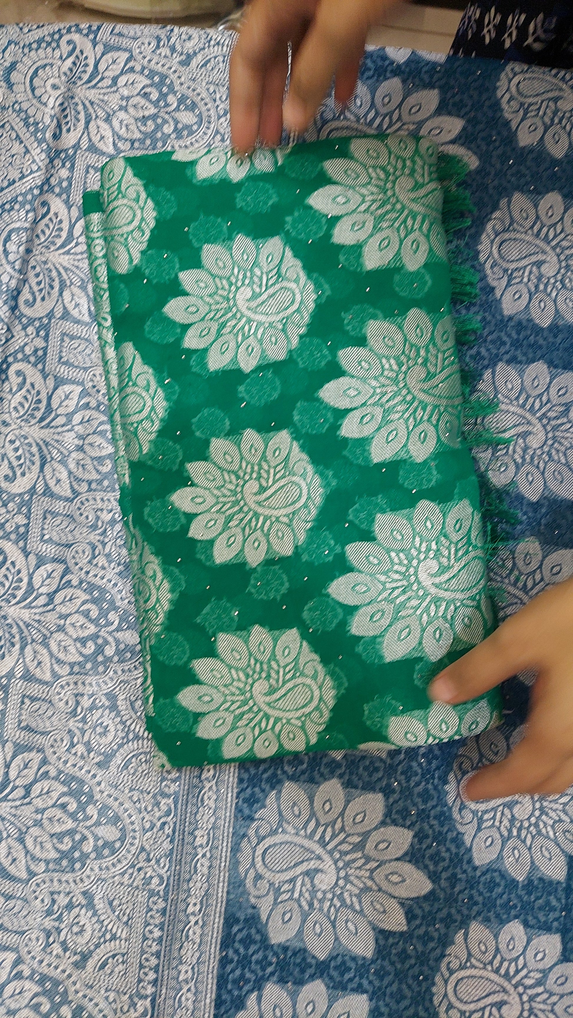 Green chiffon brasso saree with Peackock motifs and Heavy Zari Border - Sia Premium Fabric