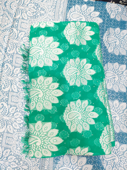 Green chiffon brasso saree with Peackock motifs and Heavy Zari Border - Sia Premium Fabric