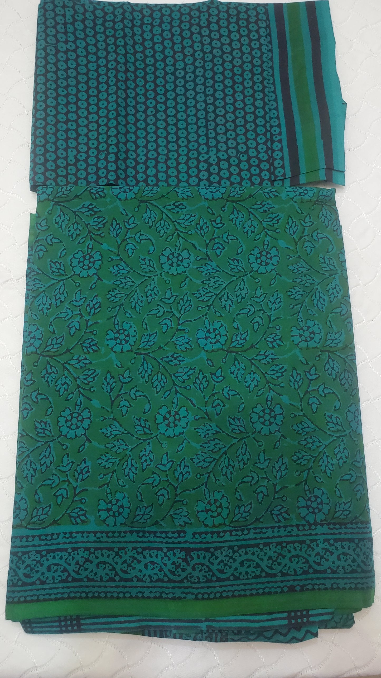 Vibrant green saree with intricate floral block prints in deep indigo tones