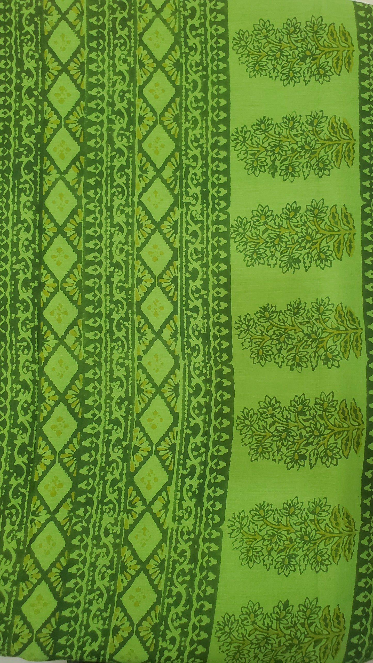 Lush green saree with intricate floral motifs