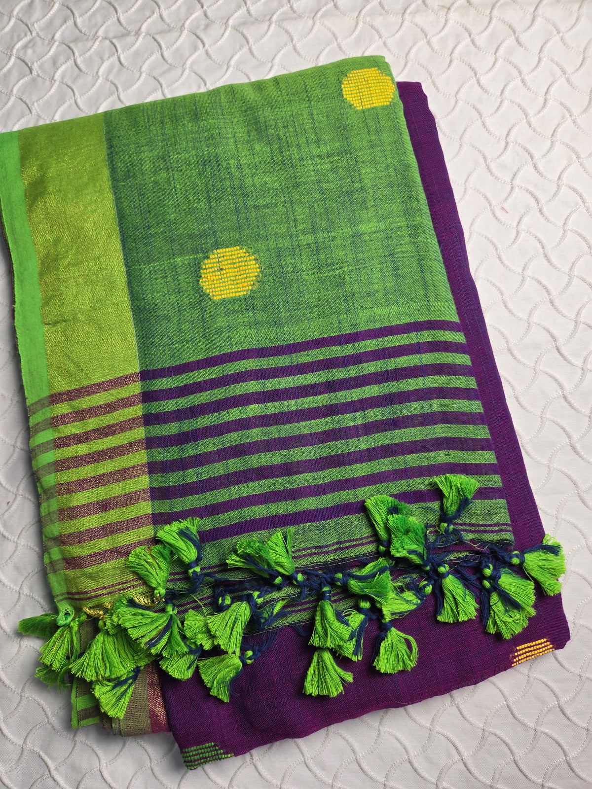 Purple/Green - Multicolored Khadi Cotton Sarees with Geometrical motifs