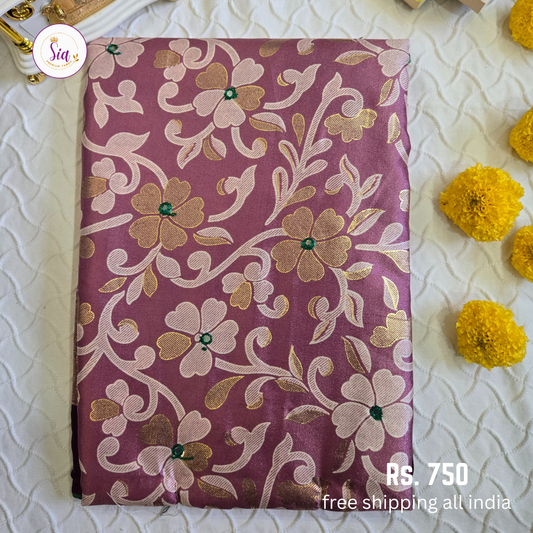 Mauve Pink - Dull Moss Sarees - Mirror work, Piping contrast border and Foil Prints