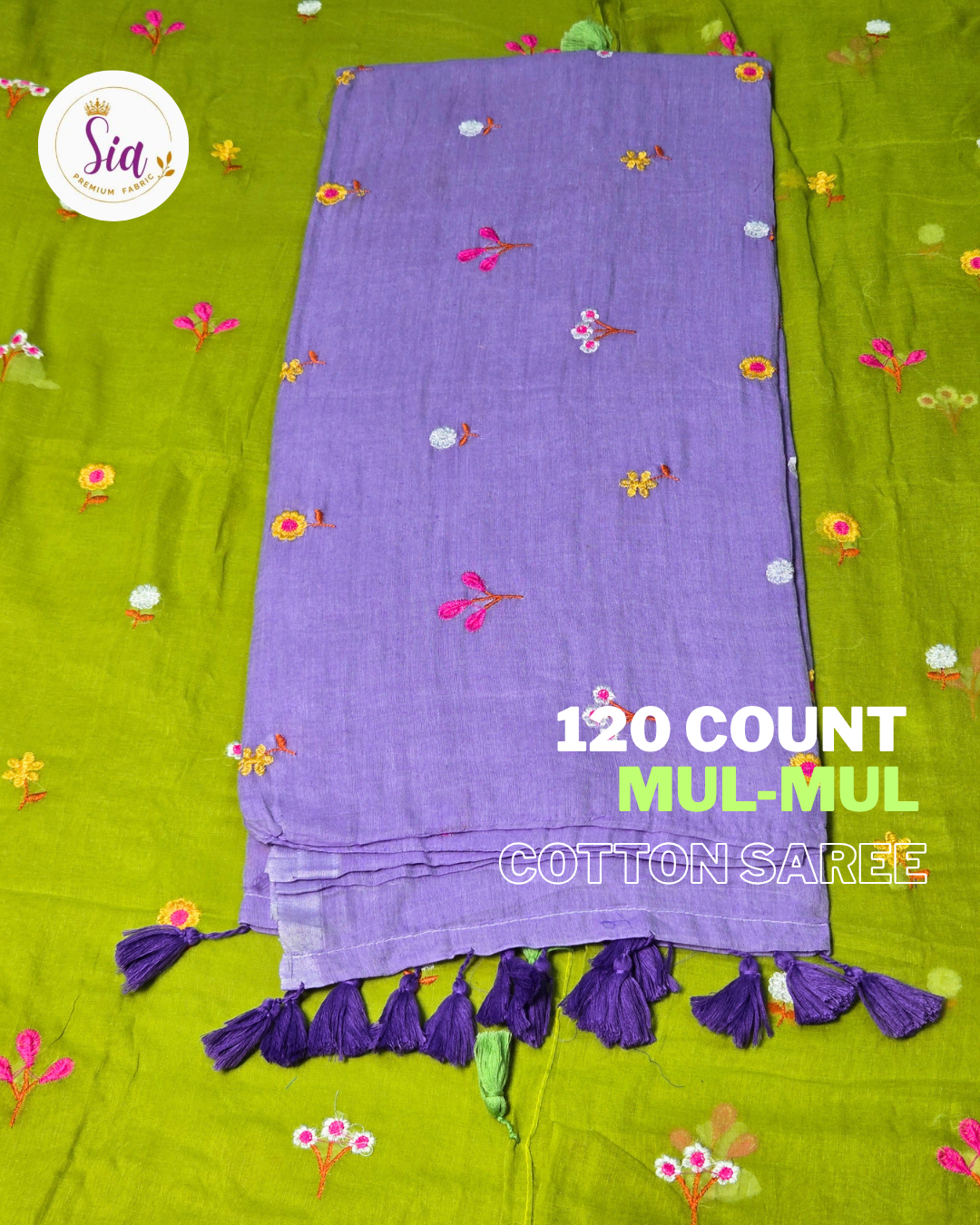 Purple - Mul-Mul cotton, 120 thread count with embroidered floral motifs.