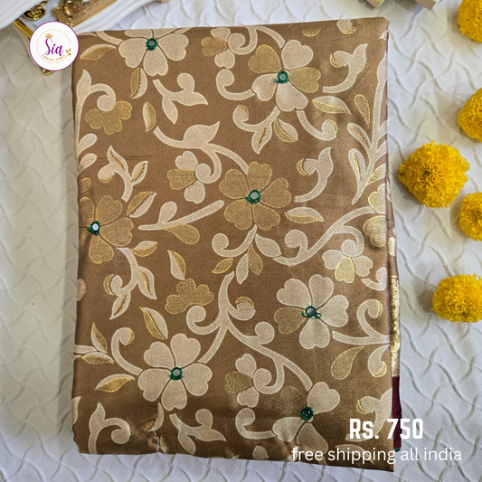 Gold color - Dull Moss Sarees - Mirror work, Piping contrast border and Foil Prints