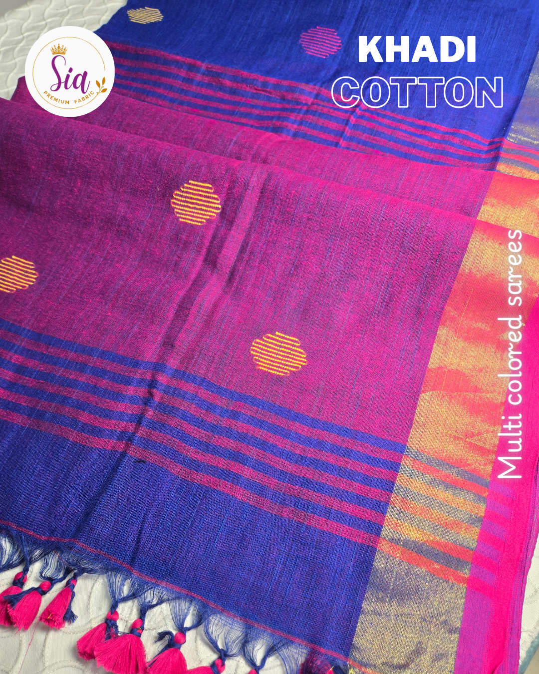 Blue/Pink - Multicolored Khadi Cotton Sarees with Geometrical motifs