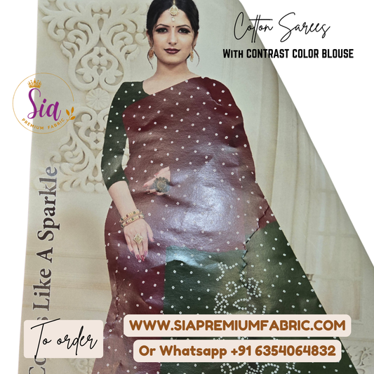 Bandhej Cottons - Maroon - simple cotton saree, with blouse piece