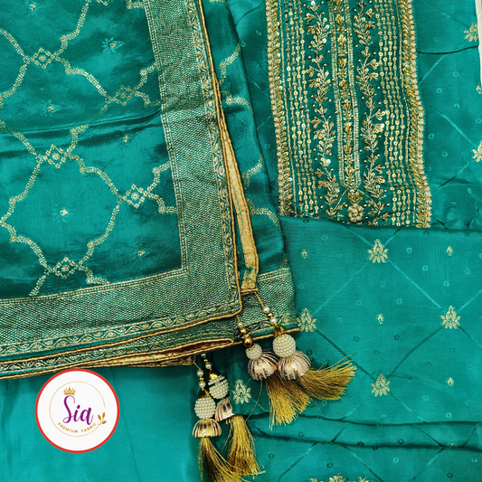 Pure Dola Russian Jacquard Silk Dress Material Rama Green, Teal/Sea Green color