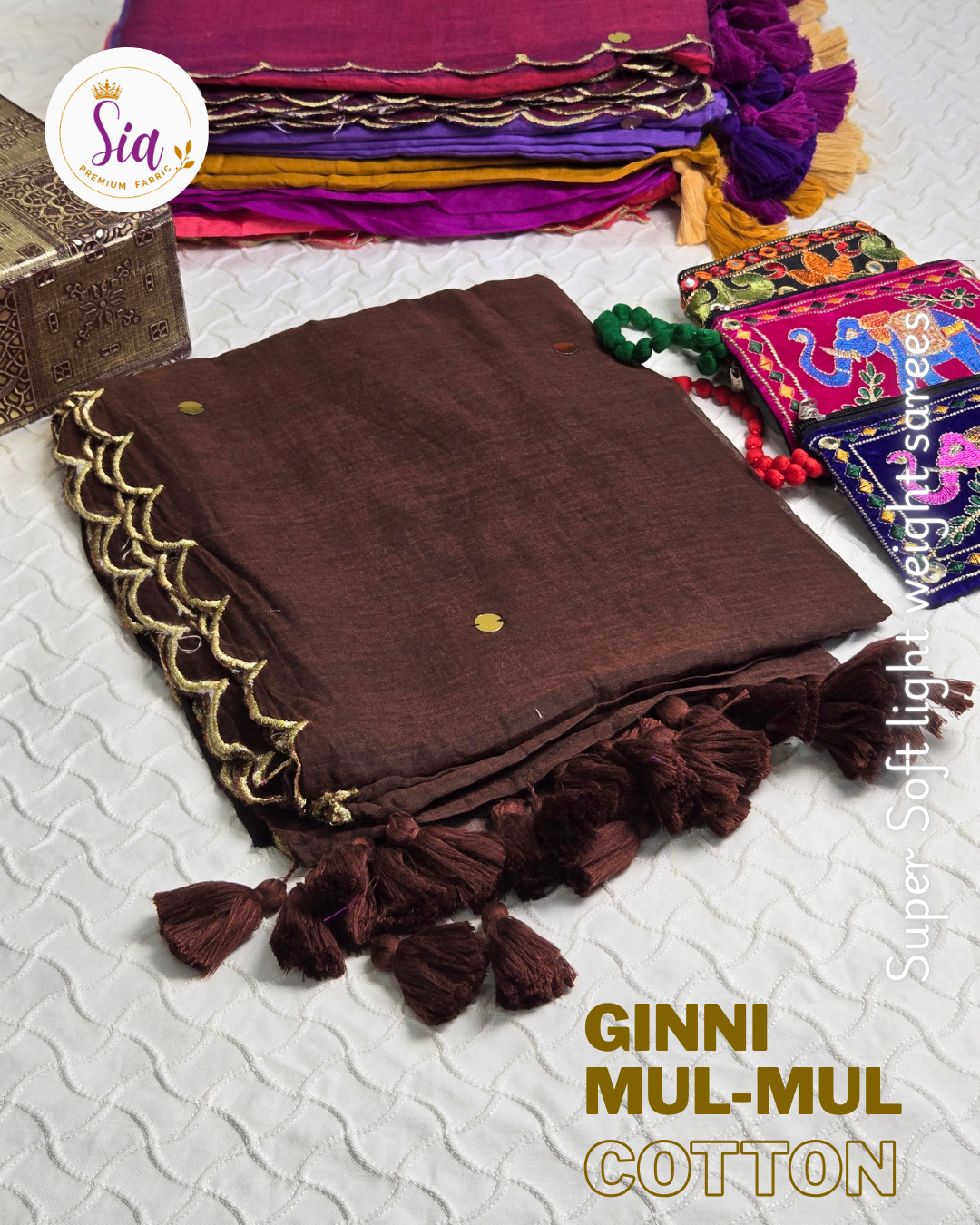 Coffee Brown - GINNI Work - Mul-Mul cotton, 120 thread count with Scallop border.
