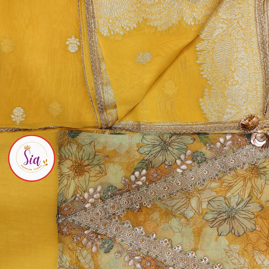 Festive Elegance – Mustard Gold Pure Organza, zari weaving dupatta with motifs and tassels