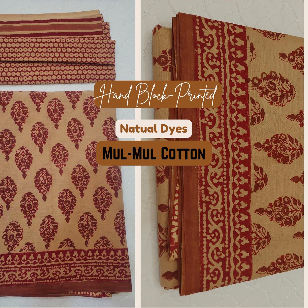 Rich maroon hand block prints on a warm earthy base