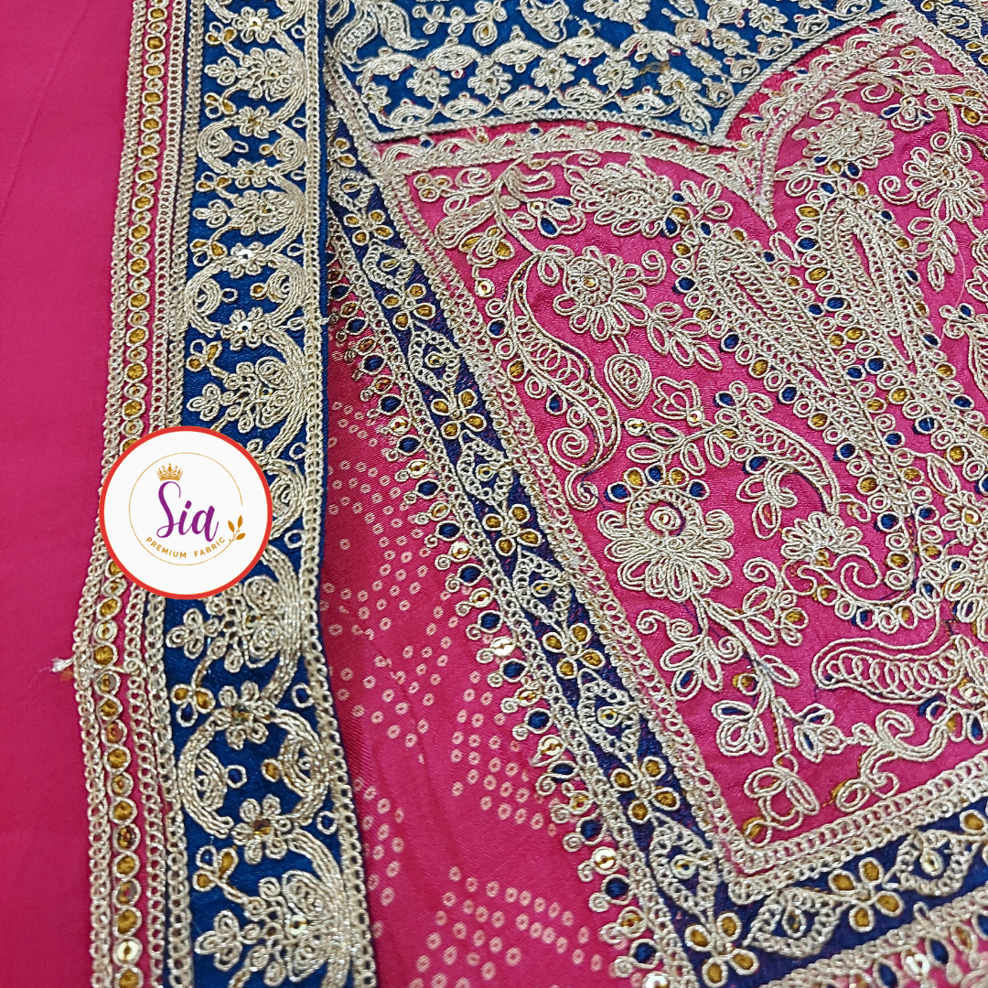 Pure Dola Silk Dress Material with classic bandhni print , Rich Rani Pink color