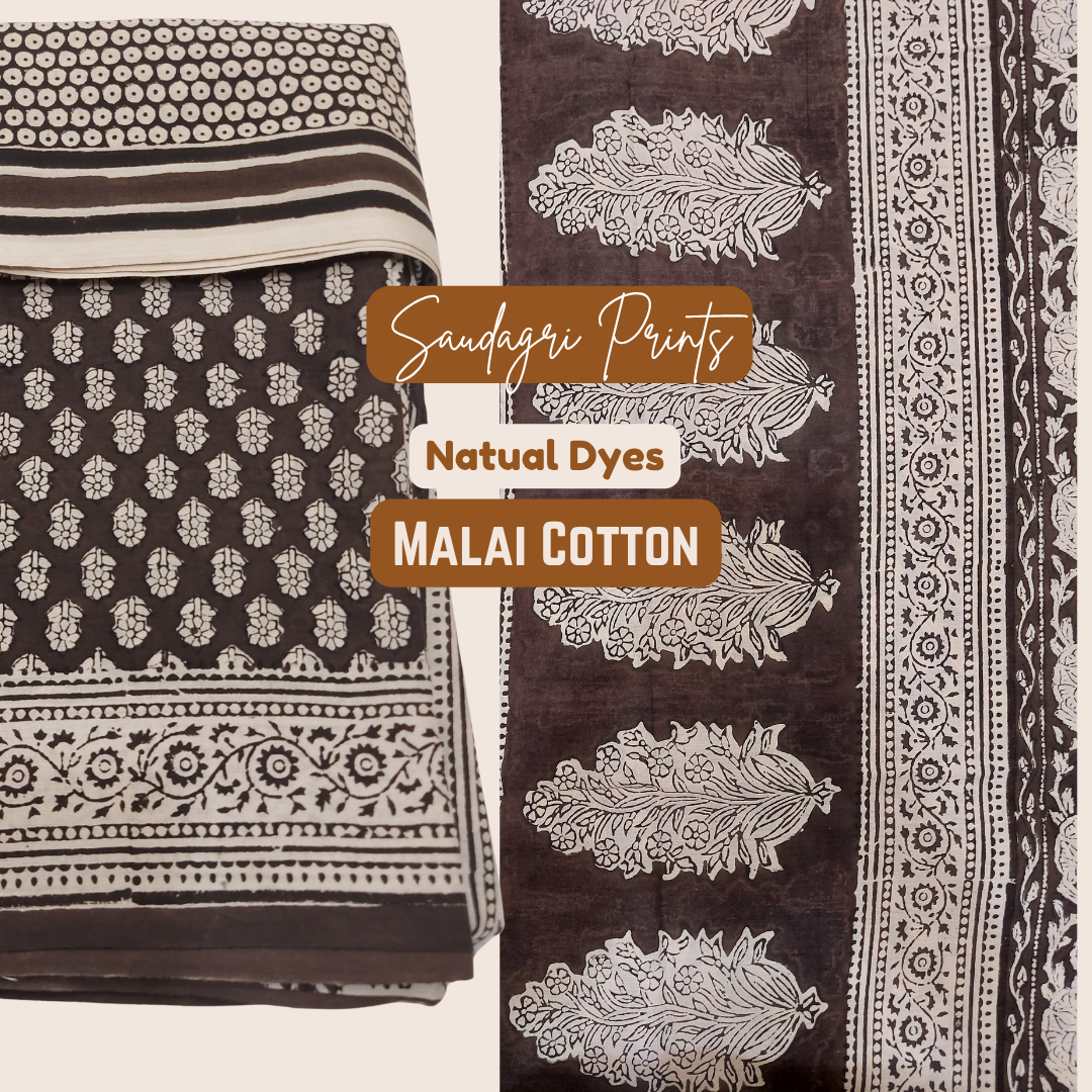 Saudagri Block Print MALAI Cotton Saree, Blend of Coffee and Dark Grey color, natural dye.