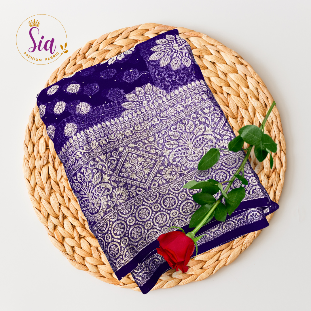 Purple chiffon brasso saree with Peacock motifs and Heavy Zari Border - Sia Premium Fabric