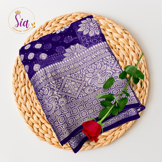 Purple chiffon brasso saree with Peacock motifs and Heavy Zari Border - Sia Premium Fabric