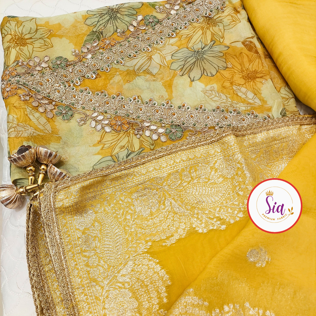 Festive Elegance β Mustard Gold Pure Organza, zari weaving dupatta with motifs and tassels