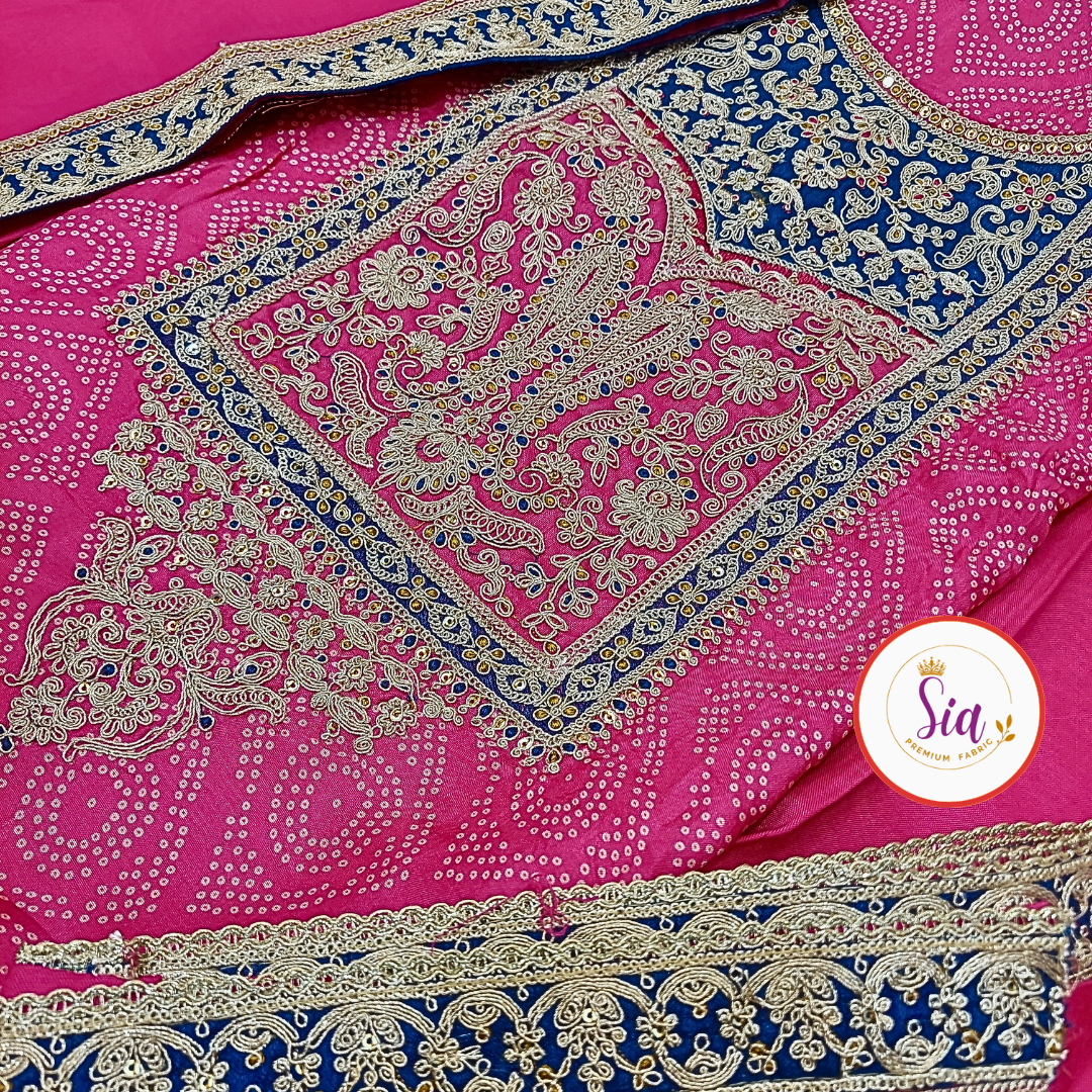 Pure Dola Silk Dress Material with classic bandhni print , Rich Rani Pink color