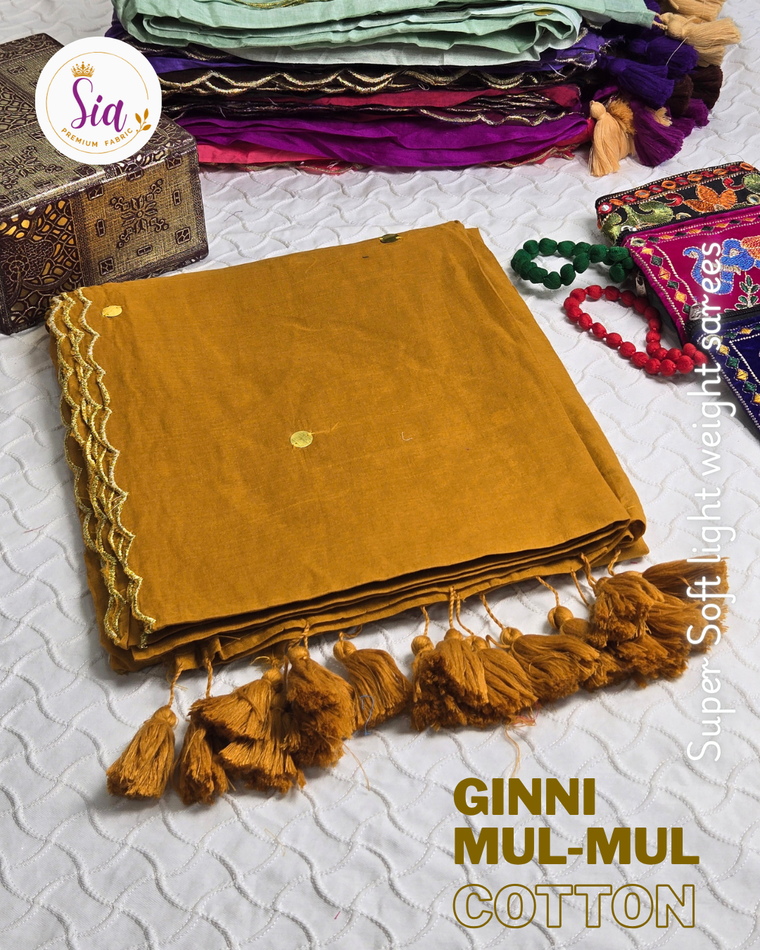 Mustard - GINNI Work - Mul-Mul cotton, 120 thread count with Scallop border.