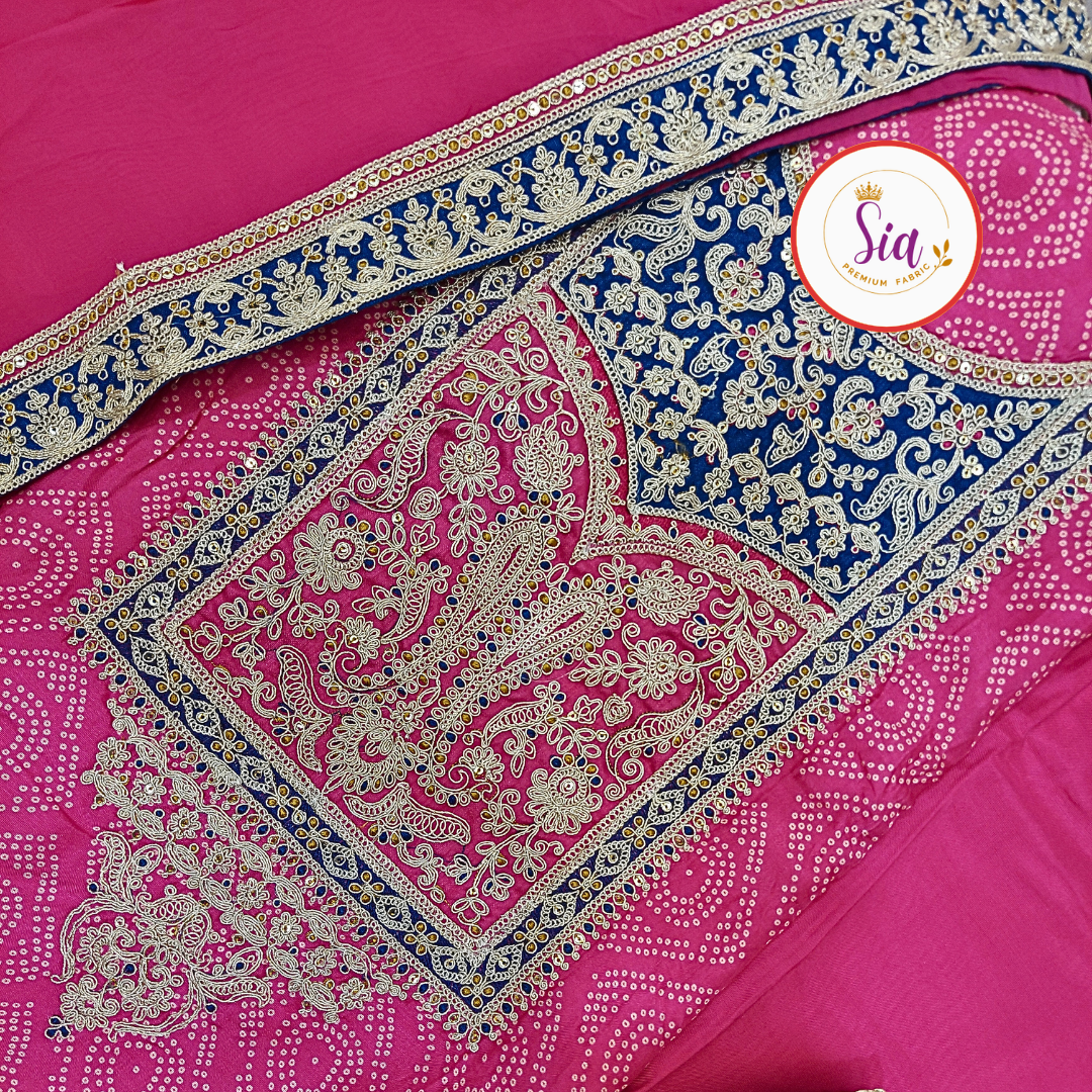Pure Dola Silk Dress Material with classic bandhni print , Rich Rani Pink color