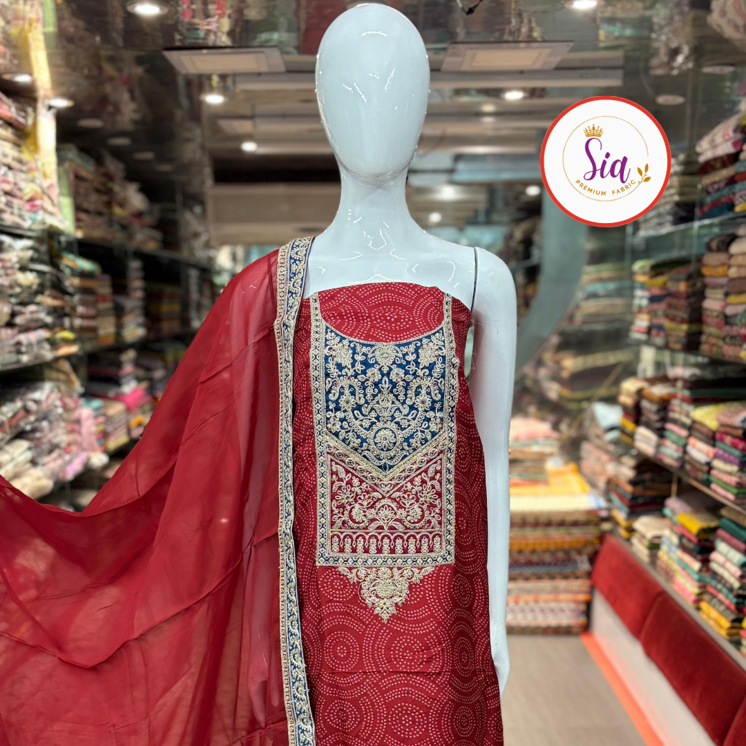 Pure Dola Silk Dress Material with classic bandhni print , Rich Red color