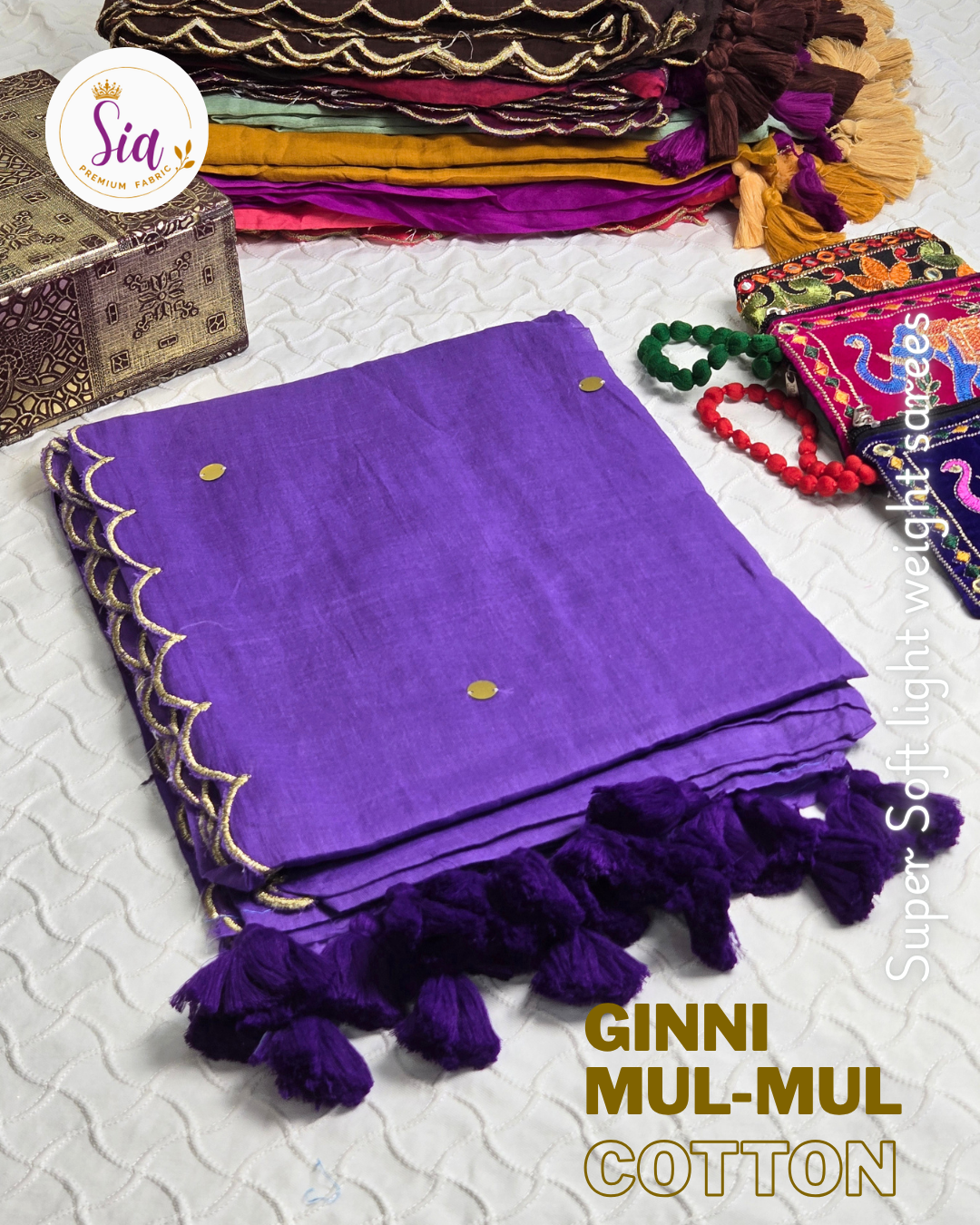 Purple - GINNI Work - Mul-Mul cotton, 120 thread count with Scallop border.