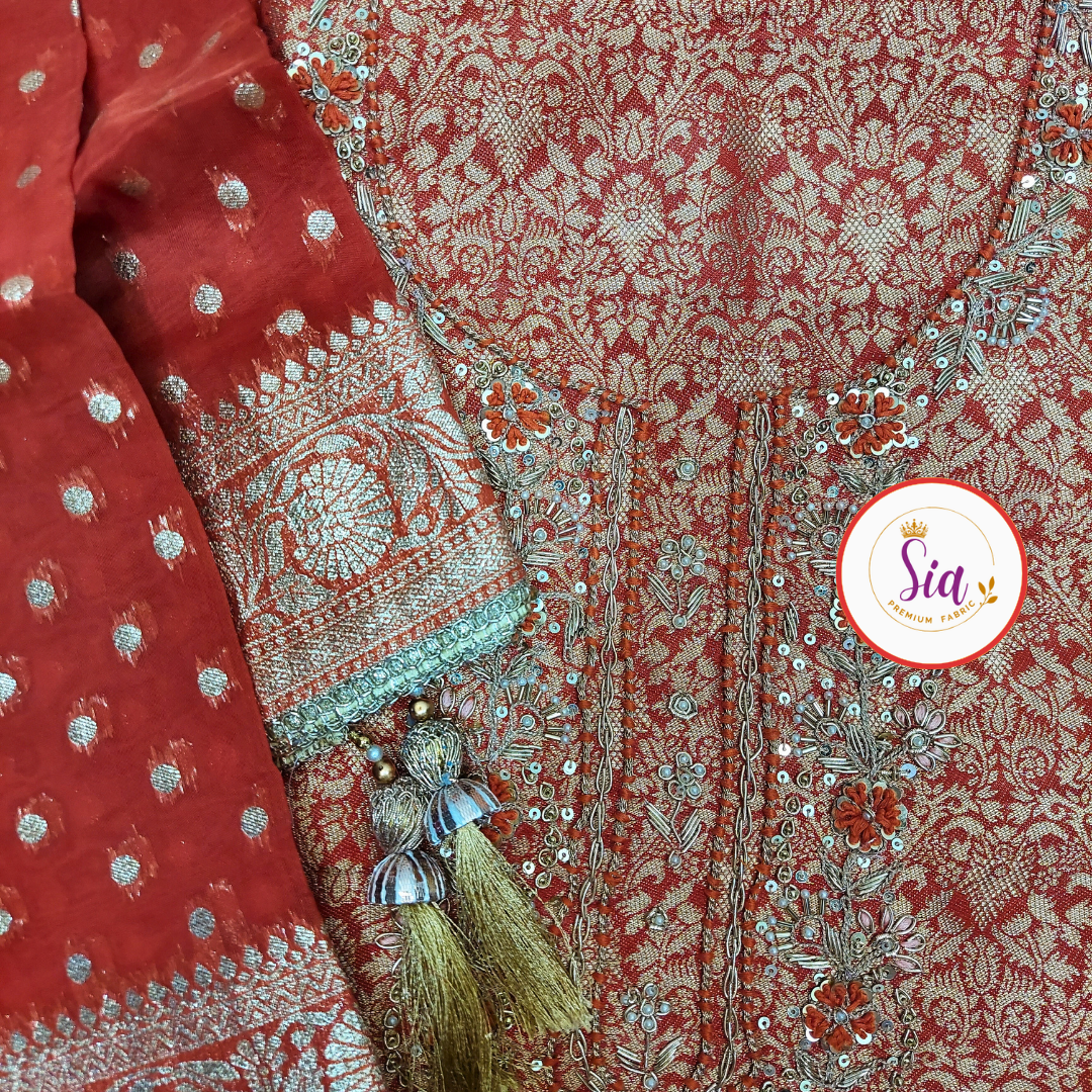 Stunning Pure Jamawar Banarasi Weave Shirt in a rich Rust hue