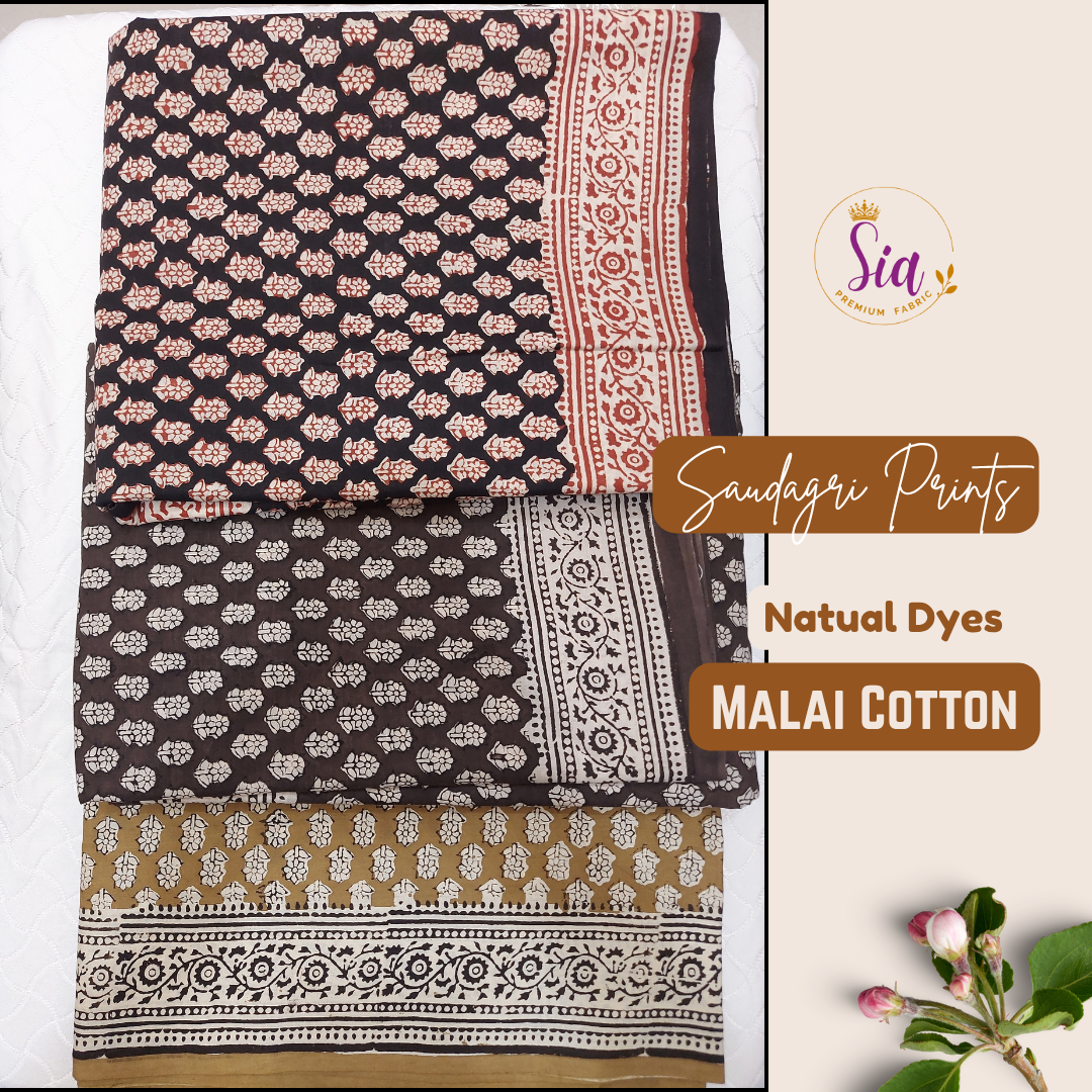 Saudagri Block Print MALAI Cotton Saree, Blend of Coffee and Dark Grey color, natural dye.