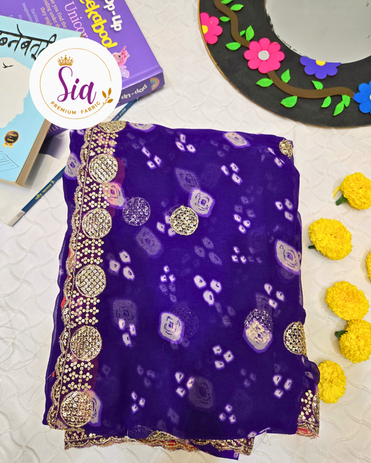 Purple - Pure BANDHEJ Chiffon - Three layer bordered Sarees