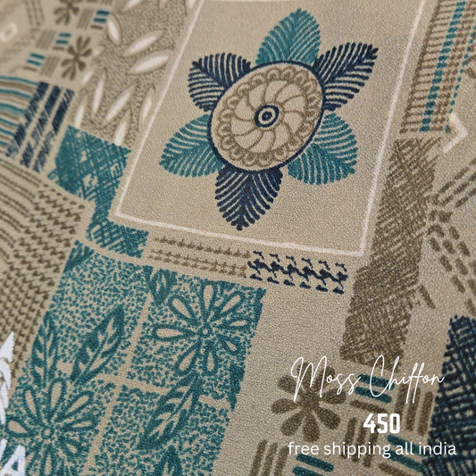 Cream, maroon, green colors - Moss chiffon