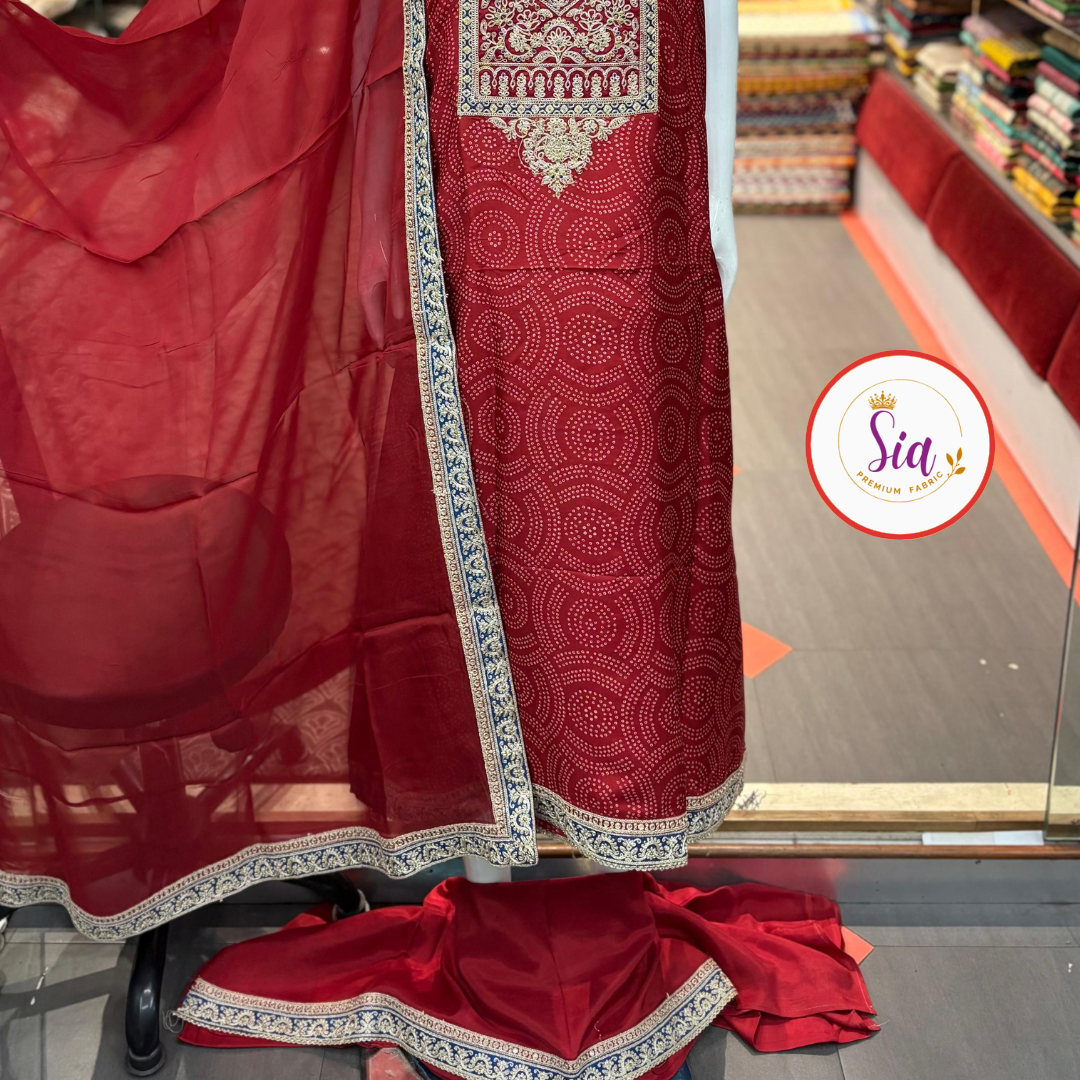 Pure Dola Silk Dress Material with classic bandhni print , Rich Red color