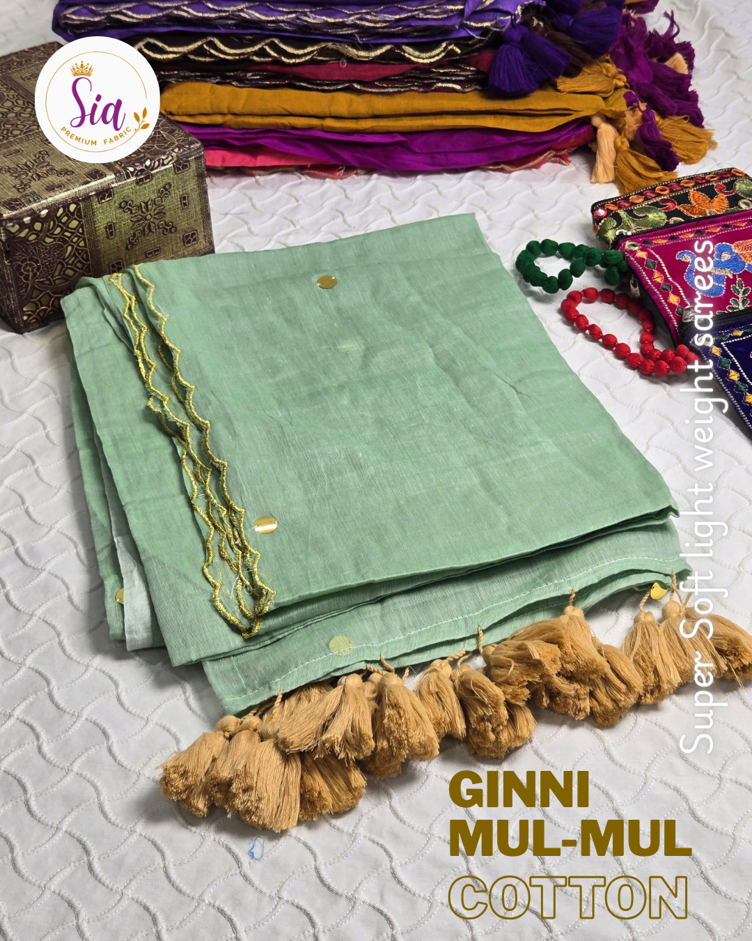 Soft Mint - GINNI Work - Mul-Mul cotton, 120 thread count with Scallop border.
