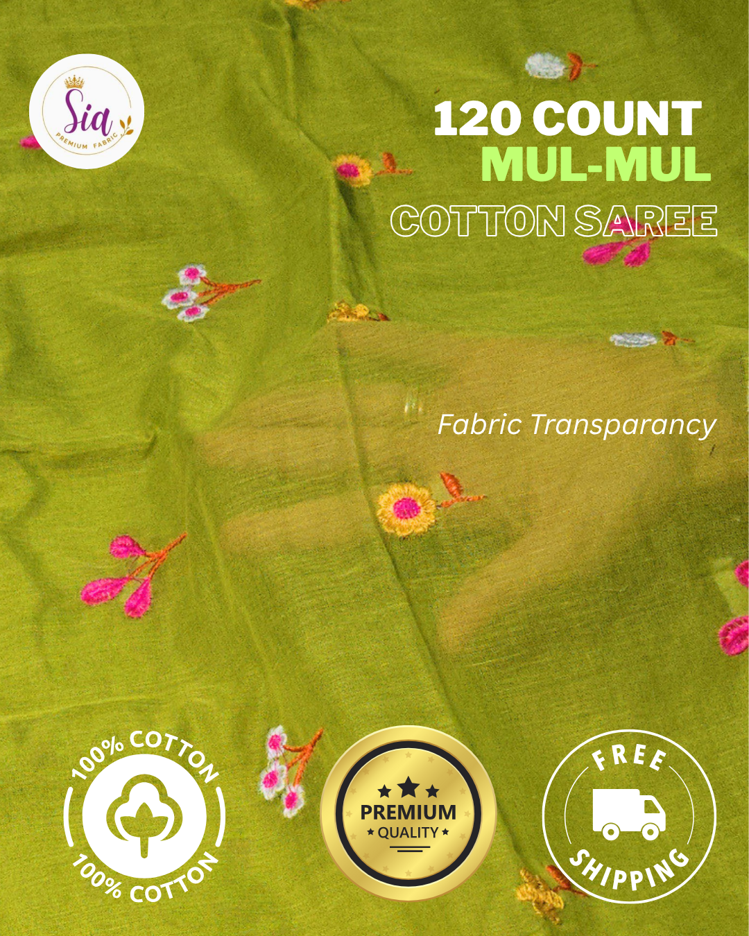 Green - Mul-Mul cotton, 120 thread count with embroidered floral motifs.