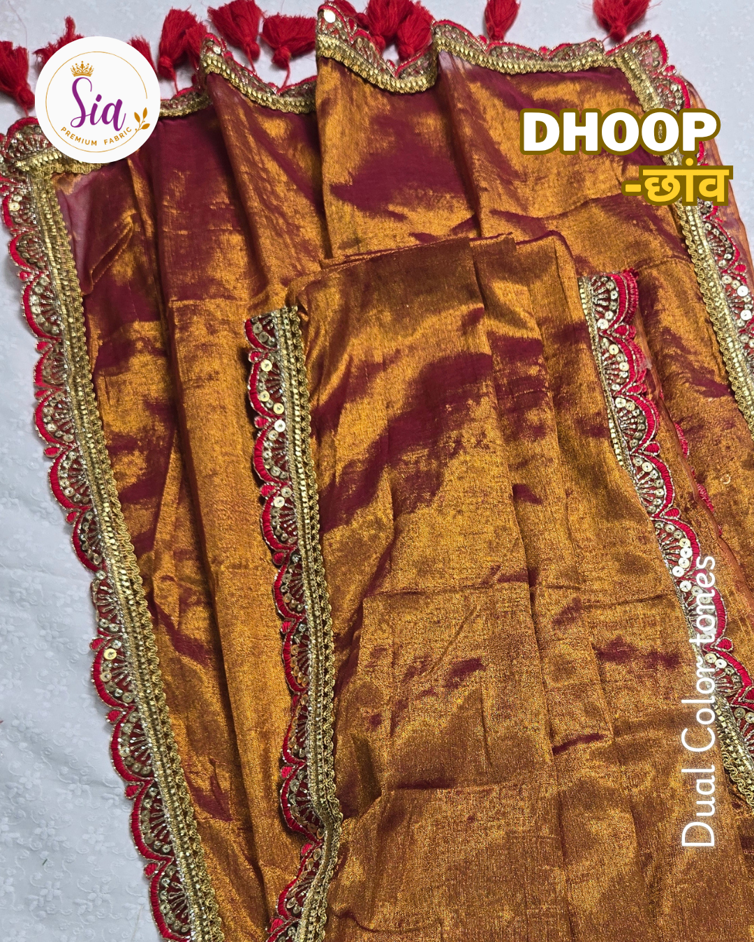 Copper Red Gold - धूप Dhoop छाँव chaaon, soft tissue sarees with beautiful lace borders and tassels.