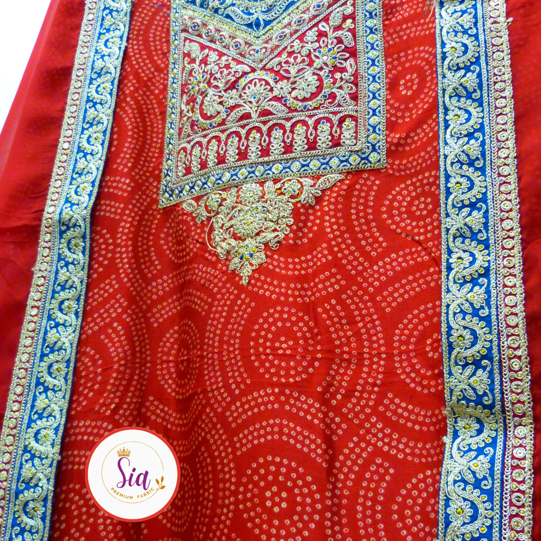 Pure Dola Silk Dress Material with classic bandhni print , Rich Red color