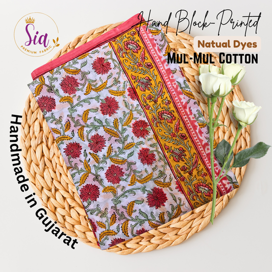 Radiant combination of deep red blooms and mustard vines, hand block-printed on airy mul-mul cotton, is a celebration of timeless craft - Sia Premium Fabric