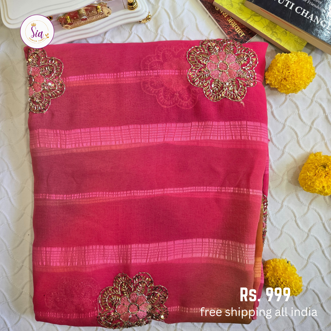 Pink - Chiffon Sarees - With blouse - With Embroidry butta