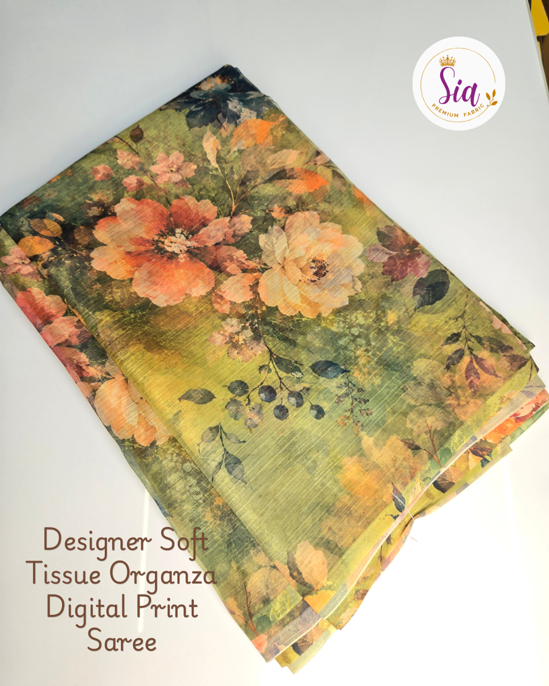 Rustic Olive Green Floral- Sia Designer Soft Tissue Organza Digital Print Saree