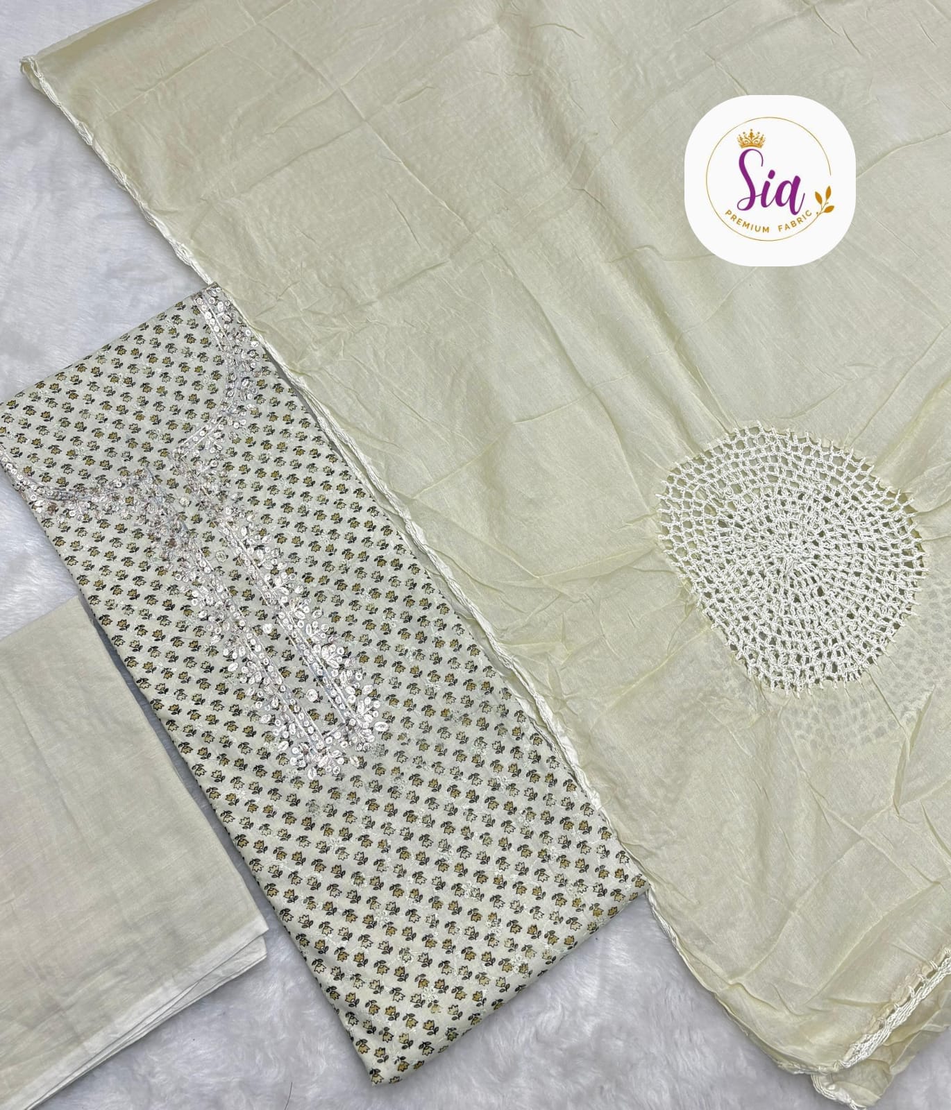 Heavy Crossio-work dupatta in soft pastel ivory colors