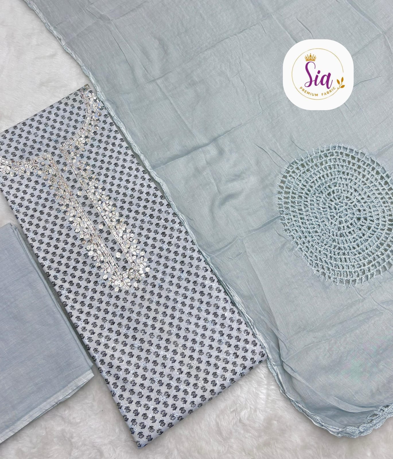 Heavy Crossio-work dupatta in soft pastel blue colors