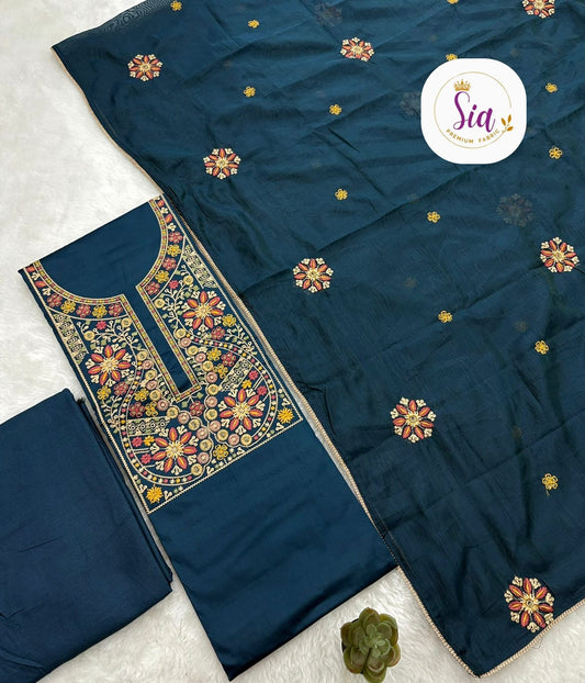 Kashmiri Embroidery Dress Materials - Blue Color Dress
