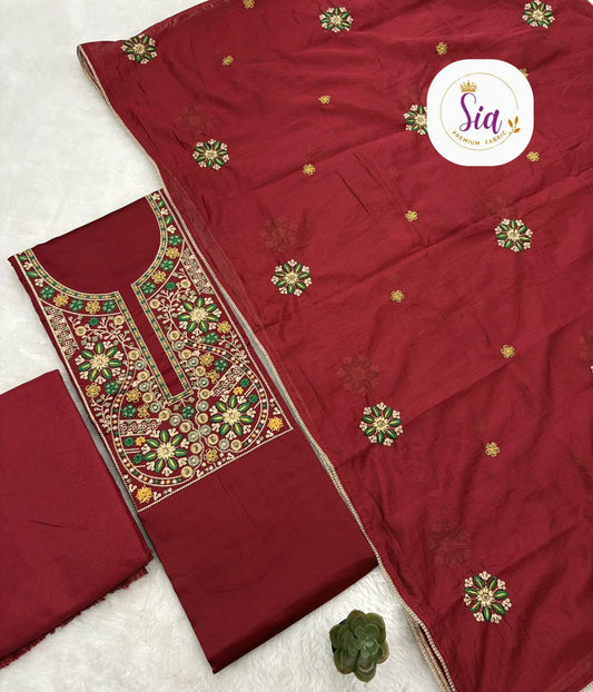 Kashmiri Embroidery Dress Materials - Maroon Color Dress